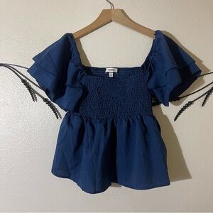 DISCREET New York City Navy Blue Smocked Blouse with Flutter Sleeves